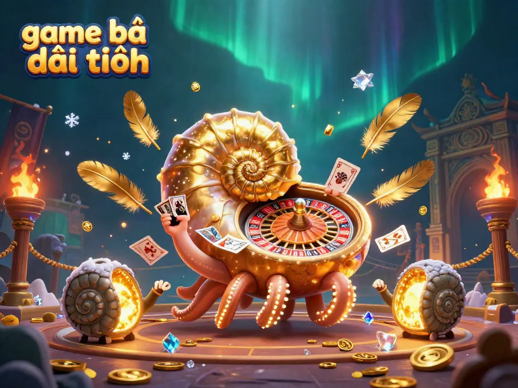 Navigate the exciting world of game bài đổi thưởng with a vibrant and dynamic casino scene featuring a giant nautilus as a dealer.