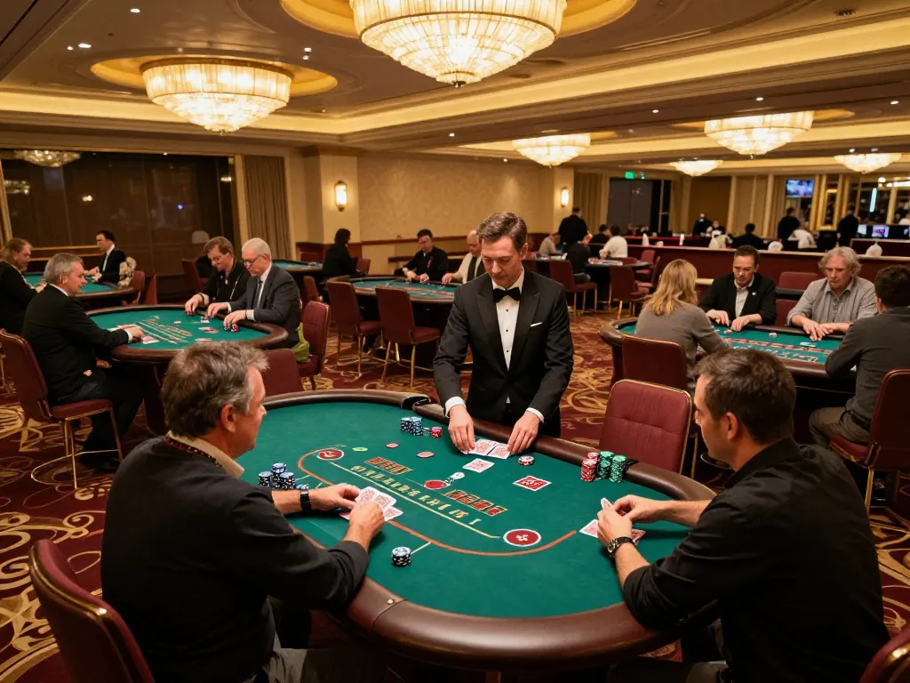 Engaged players enjoying blackjack at a prestigious casino floor, exemplifying nhacaiuytinn activities.