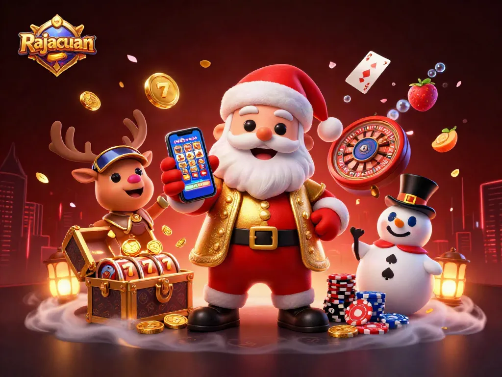 Rajacuan casino scene with Santa, reindeer, and snowman celebrating slots and jackpots in a vibrant background.