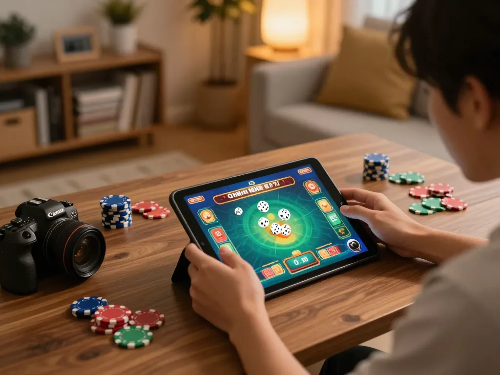 Tài Xỉu gameplay at taixiuonline8, person using tablet for online gaming with vibrant interface