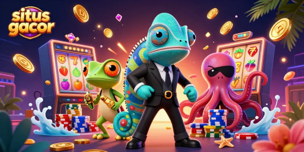 Situs gacor slot game illustration showcasing characters amidst vibrant gaming elements for an engaging experience.