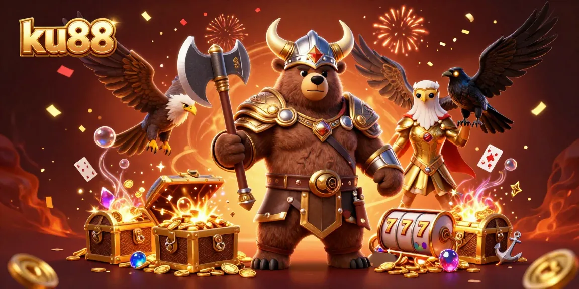 ku88 Viking bear and Valkyrie eagle celebrating wins in a colorful casino scene.