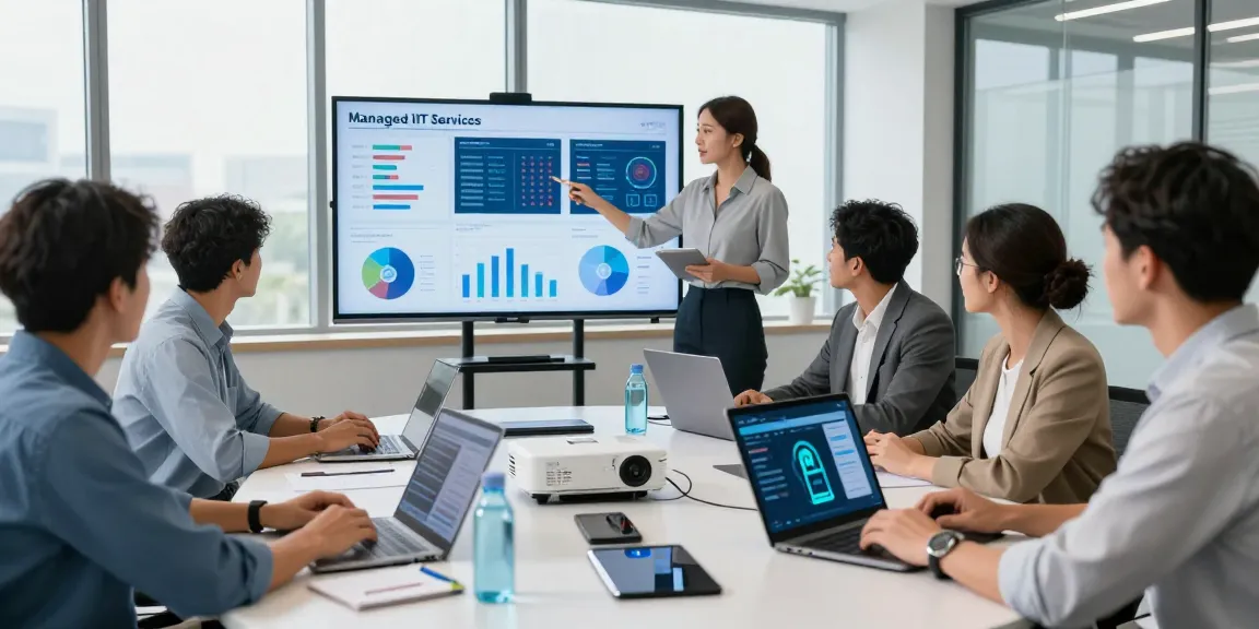 Team discussing managed IT services London in a modern office setting with data analytics presentation.
