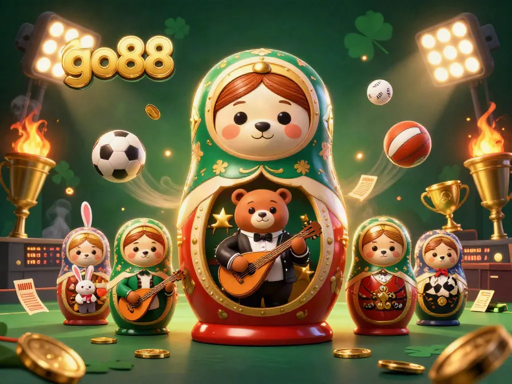 Experience the excitement of go88 with dynamic casino elements and vibrant 3D art featuring bears and sports.
