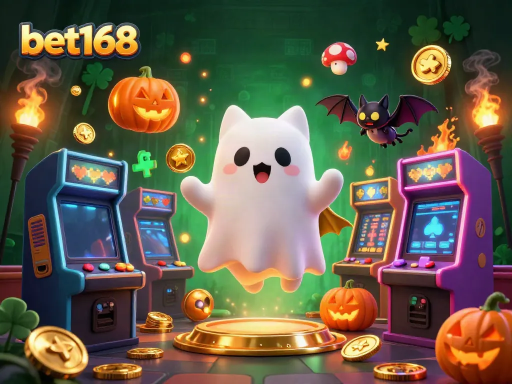 Experience thrilling gaming at bet168 with a ghost cat and jackpot elements in a haunted casino.