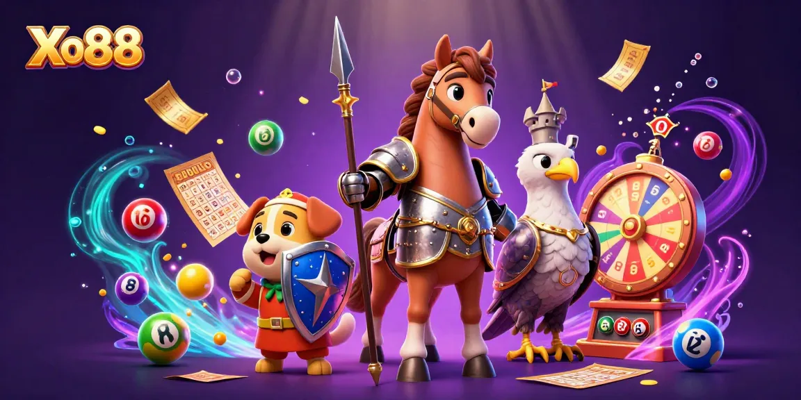 Xo88 presents an exciting 3D casino scene with a knight, squire, and falcon surrounded by vibrant lottery elements.