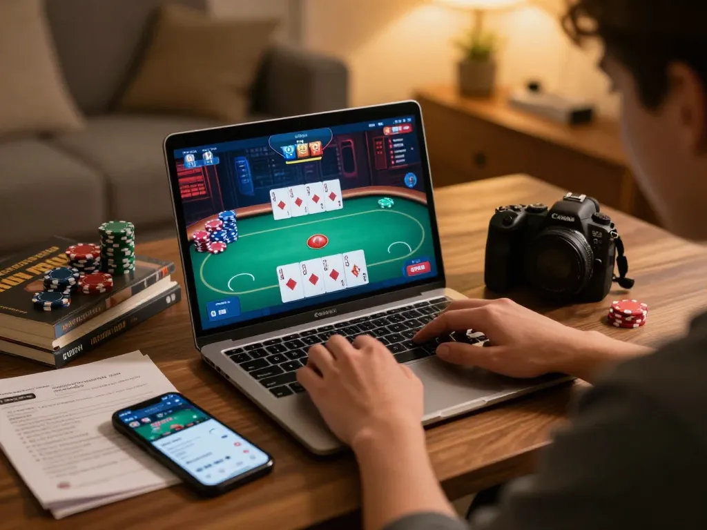 TG88 player enjoying online poker at home, showcasing responsible gaming with strategic notes and laptop.