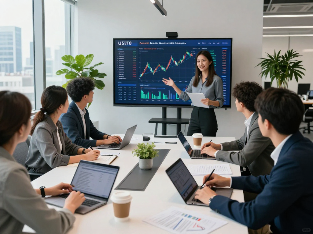 Professionals discussing USDT0 in a modern fintech office, showcasing data analytics and collaboration.