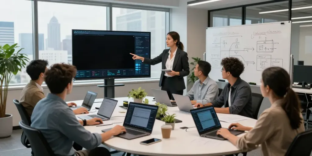 Enterprise AI development team collaborating on innovative projects in a modern workspace.