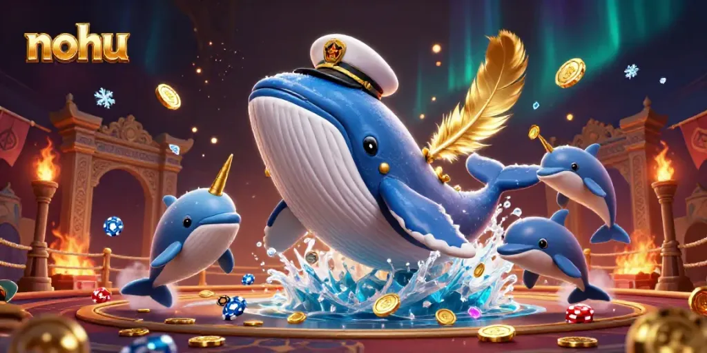 Experience the excitement at nohu's dynamic casino scene with playful dolphins and a grand whale.
