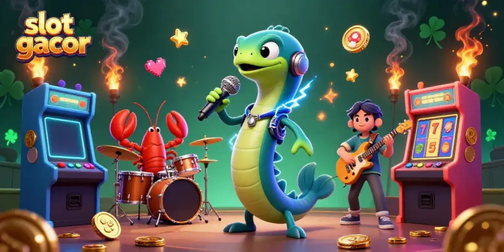 Gambar menampilkan slot gacor dengan karakter ikan belut DJ, drummer lobster, dan gitaris kuda laut di panggung kasino bawah laut.