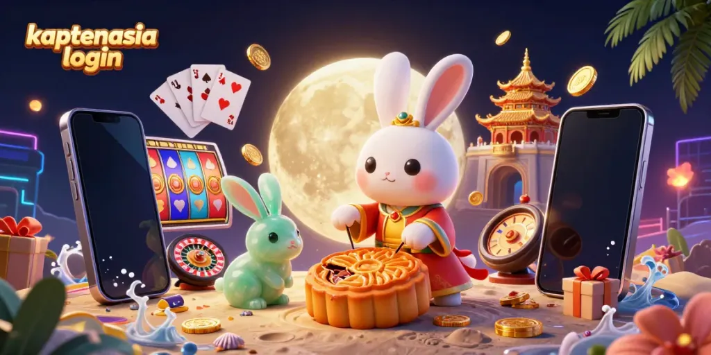Gambarkan kaptenasia login dengan kelinci bulan yang memukul mooncake berisi chip poker di permukaan bulan