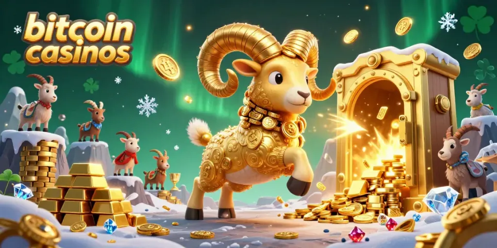 Experience the thrill of bitcoin casinos with a majestic ram charging through a treasure-filled gate.