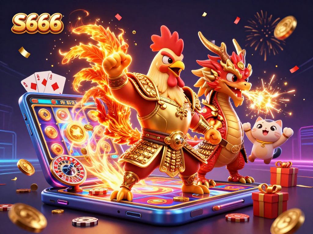 S666 showcases a thrilling scene with a fighting rooster and dragon in a vibrant casino setting, celebrating big wins.