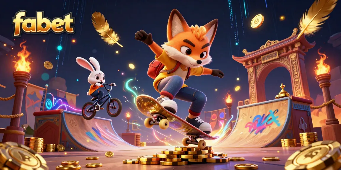 Fabet's cartoon fox performs tricks over golden poker chips, showcasing a vibrant casino scene.