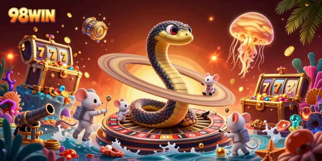 Engage in thrilling gameplay at 98WIN with a dynamic cosmic casino scene showcasing fortune elements.