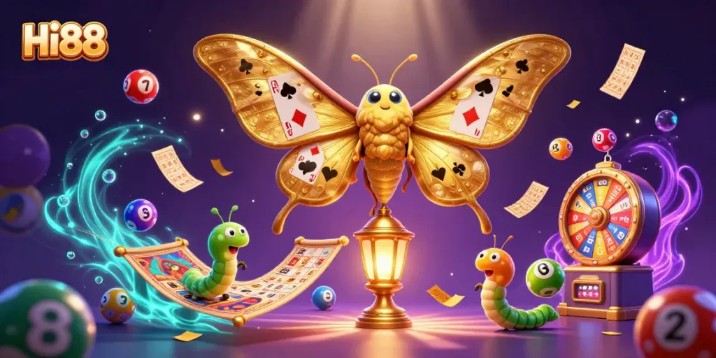 Engage with Hi88's virtual casino, showcasing vibrant games and golden wings of fortune.