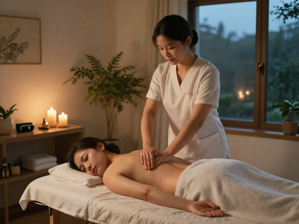 일산출장마사지 service offered in a calming home environment, showcasing a professional masseuse providing a relaxing treatment.