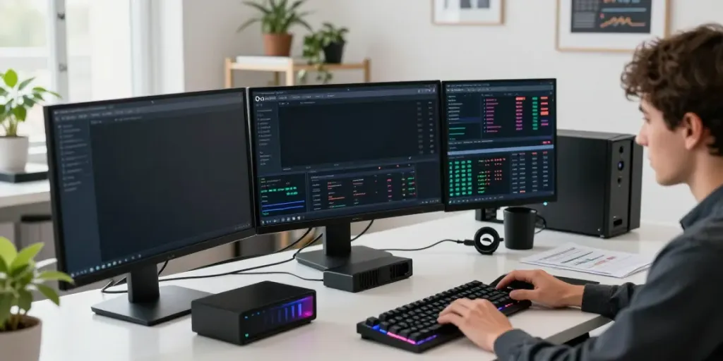 Durov2 Kick cryptocurrency trading environment showcasing multiple monitors, digital wallet access, and trading interfaces.