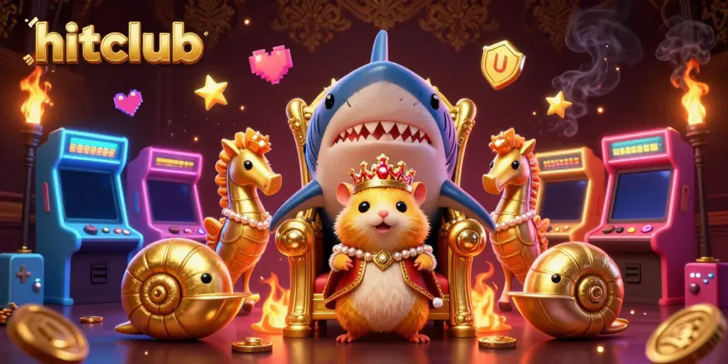 Experience hitclub's vibrant gaming scene with a fierce hamster king, arcade machines, and shimmering casino elements.