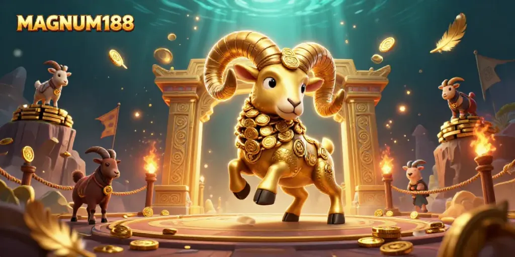 Experience the exhilarating action of MAGNUM188 with a charging golden ram amidst a dynamic gambling arena.