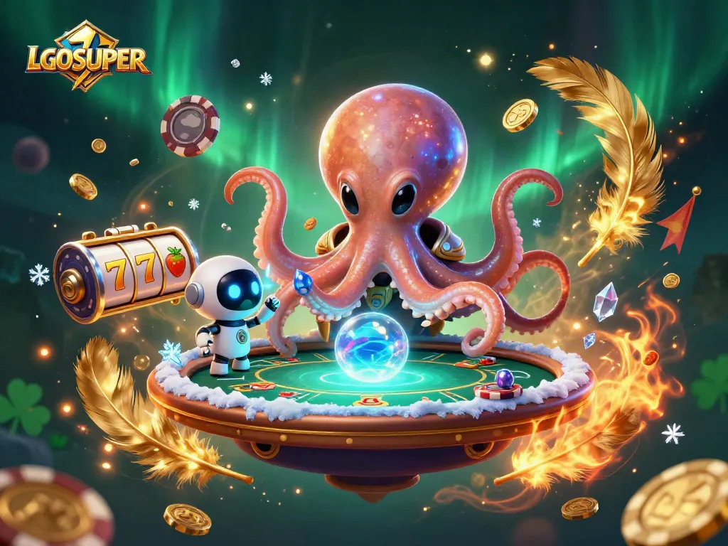 Engage in thrilling LGOSUPER gameplay with an alien octopus at a dynamic poker table.