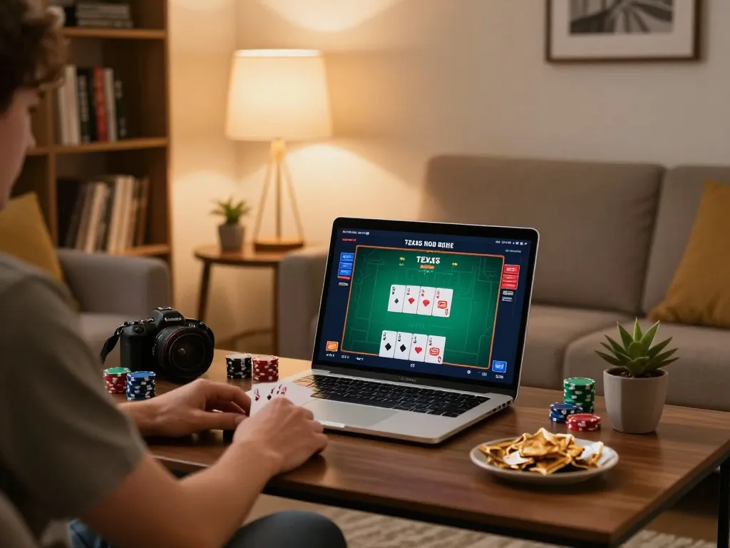 Player analyzing chemistry on ROKOK88 poker setup in a cozy home environment.