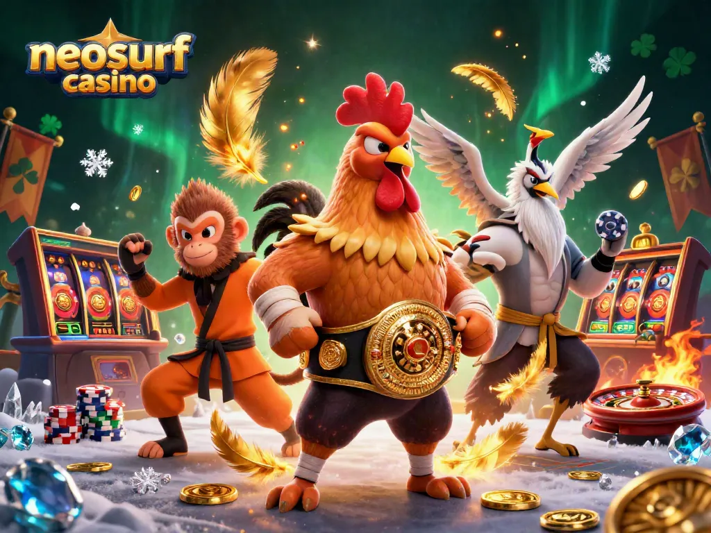 Place bets at neosurf casino featuring vibrant characters in action-packed gaming scene.