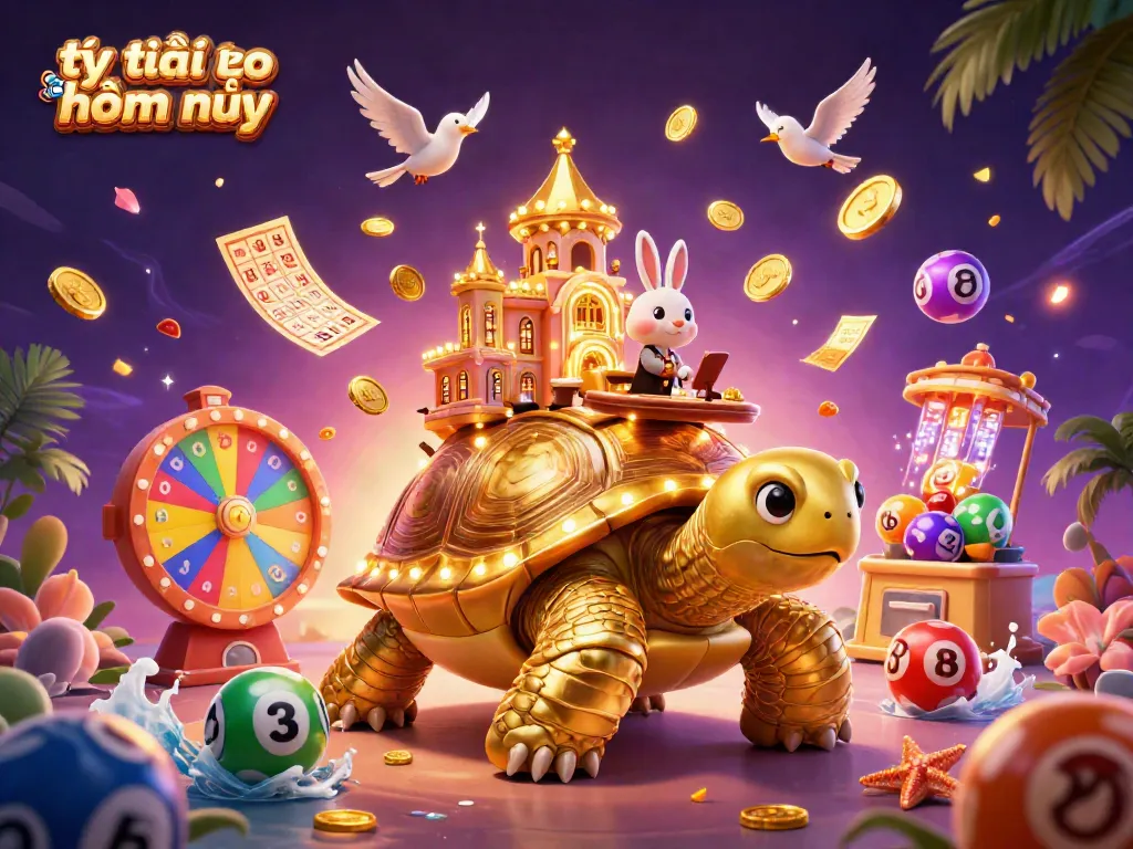Engaging illustration of a massive tortoise with a casino, showcasing tỷ lệ kèo nhà cái hôm nay and gaming elements.
