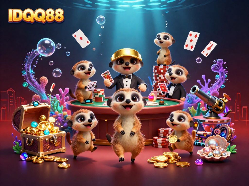 Experience exciting gameplay at IDQQ88 with meerkats running a lively casino scene filled with treasures.
