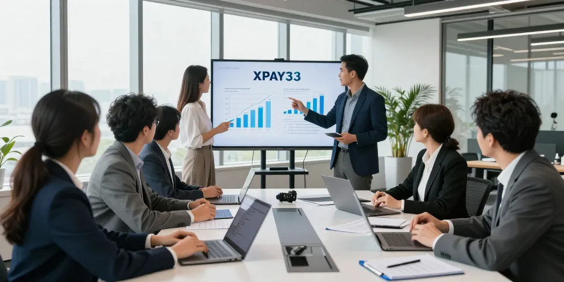 Business professionals discussing XPAY33 financial strategies in a modern office
