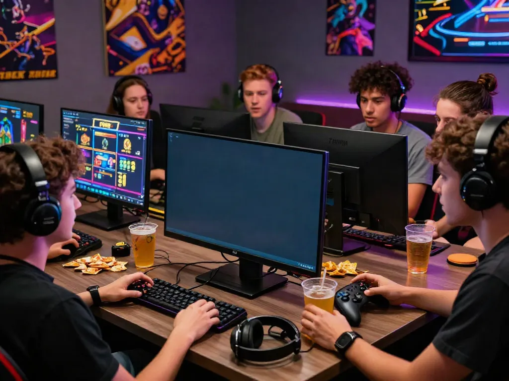 Friends enjoying gaming session at FIVE88 with vibrant screen graphics and excitement.