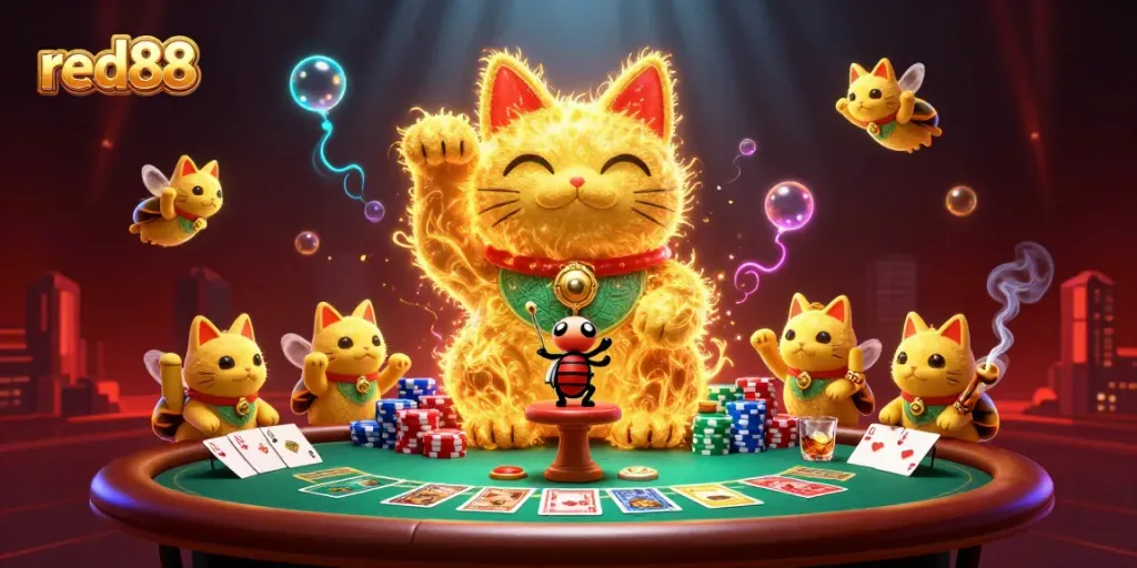 Experience exciting gameplay with red88's vibrant lucky cat and poker action.