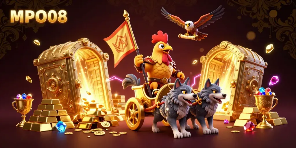 MPO08 provides seamless access to online gaming with vibrant visuals showcasing the adventurous theme of a rooster warlord.