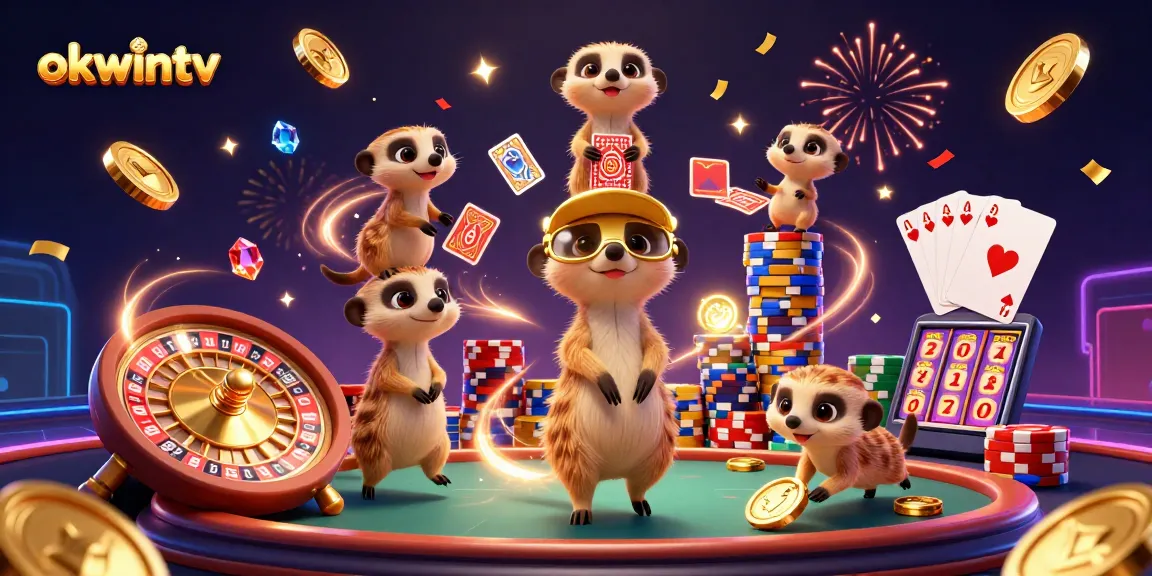 Engaging scene of meerkats managing a lively casino with okwintv branding, showcasing vibrant game elements.
