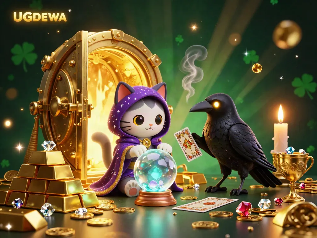 Engage with UGDEWA's enchanting lottery scene filled with treasures and mystical elements.