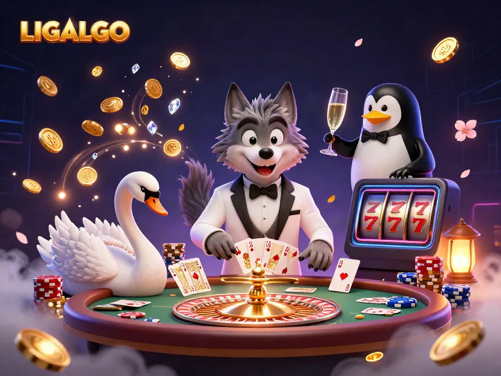 LIGALGO offers an engaging gaming scene with characters at a baccarat table amid flying coins and cards.