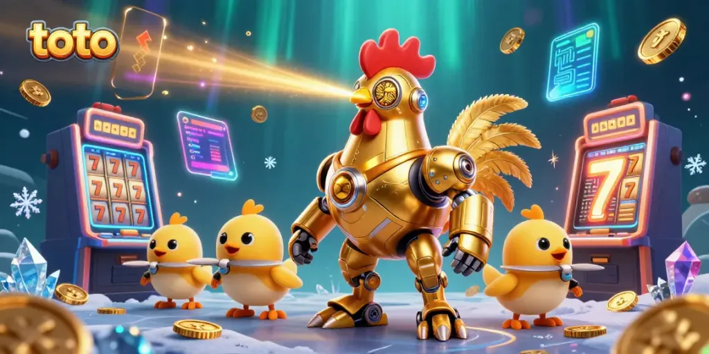 Experience the thrill of toto casino with a golden rooster robot and vibrant gaming elements.