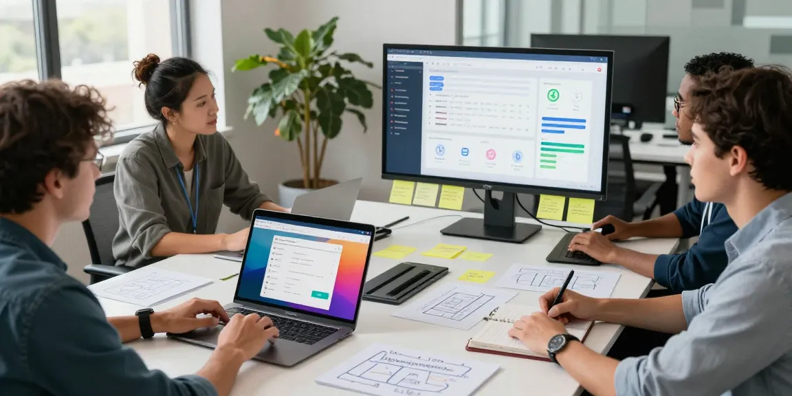 Build internal tools with AI in a collaborative office setting with diverse professionals focused on no-code development.