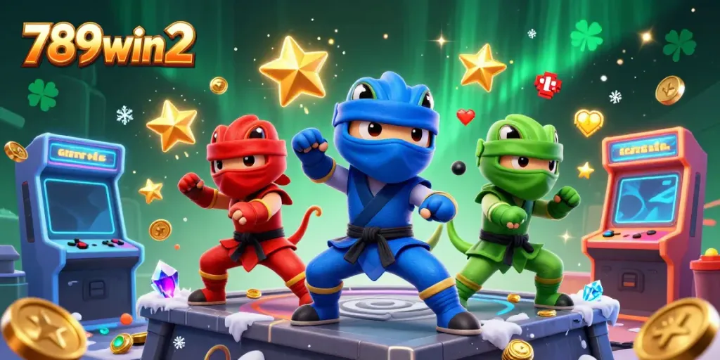 Engage with thrilling gameplay features of 789win2 in a vibrant casino setting with ninja chameleons and arcade elements.