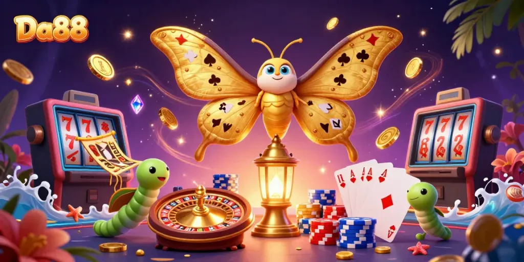 Experience the vibrant excitement of Da88 casino through a dynamic 3D illustration featuring golden elements and playful gaming motifs.