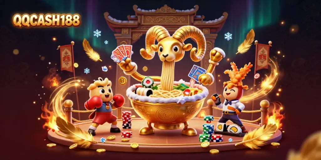 Engage with QQCASH188's vibrant casino scene featuring unique characters and dynamic gambling elements.