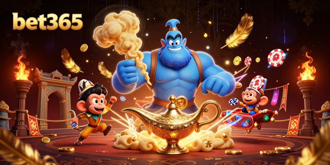 Experience thrilling gameplay with bet365 as the genie and monkey bring magical poker chip fortune.