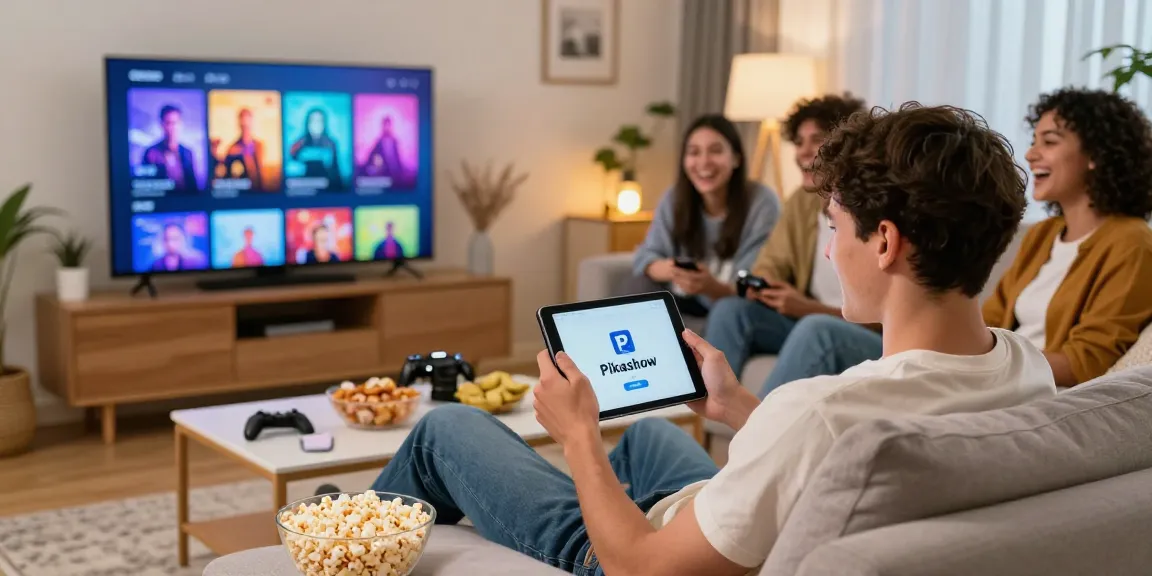 Enjoying movies with friends using Pikashow APK in a cozy living room