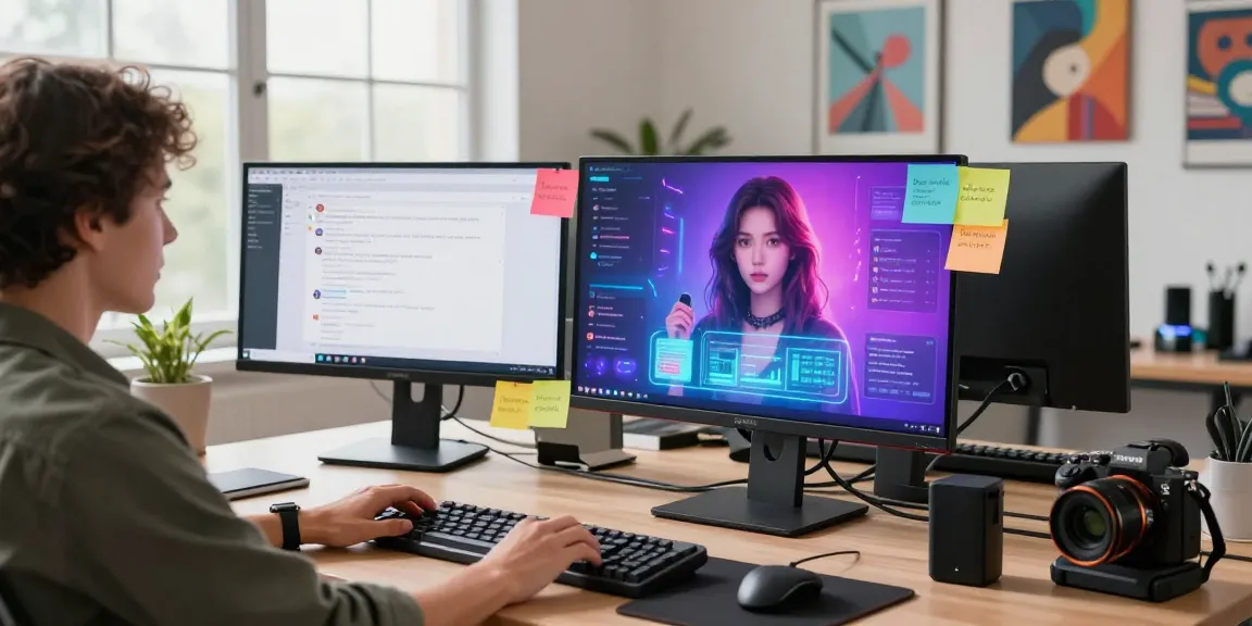Person engaging with an AI gf in a modern tech workspace illuminated by screens and natural light.