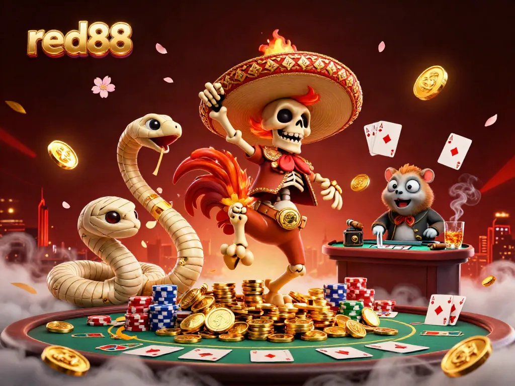Engaging red88 gaming illustration featuring a skeleton mariachi and a mummy snake celebrating amidst casino elements.