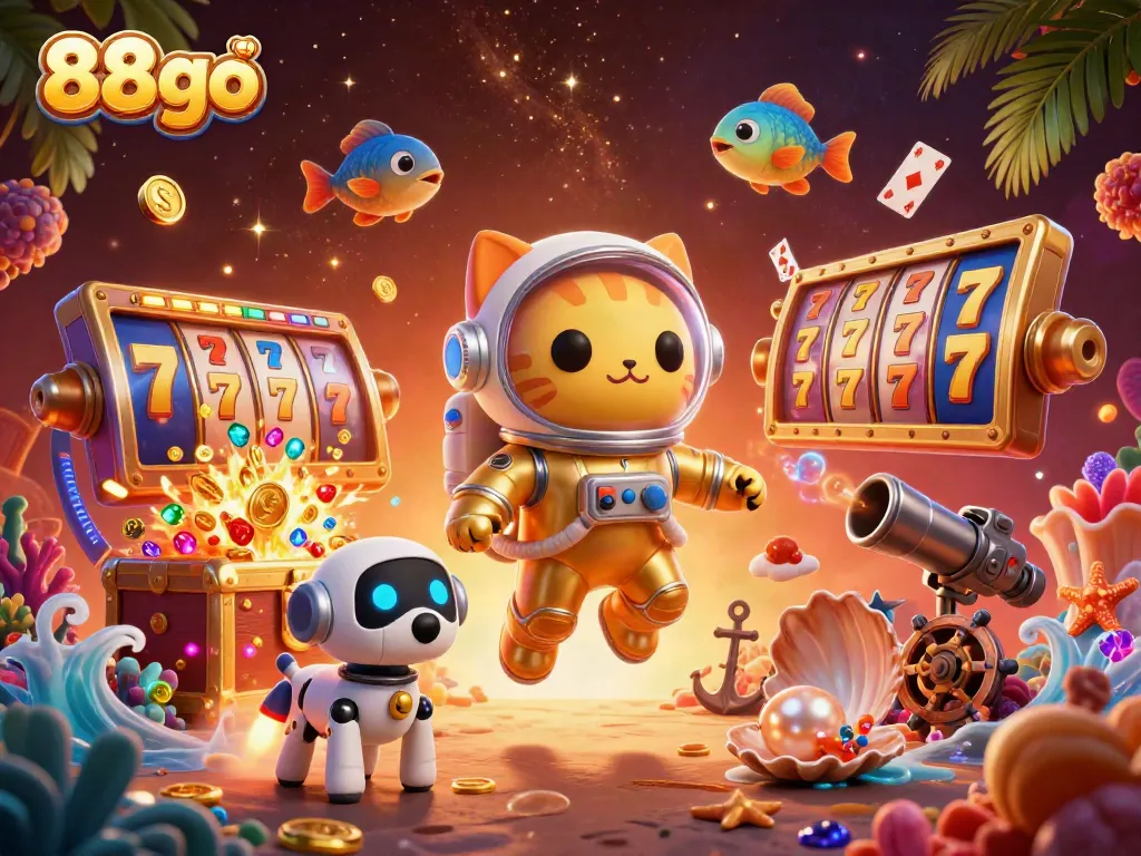 Experience the excitement of 88go with a thrilling 3D casino adventure featuring animated slot reels and vibrant characters.
