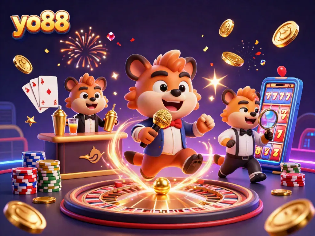 yo88 hyenas perform in a vibrant casino scene filled with sparkling gems, roulette, and playing cards.