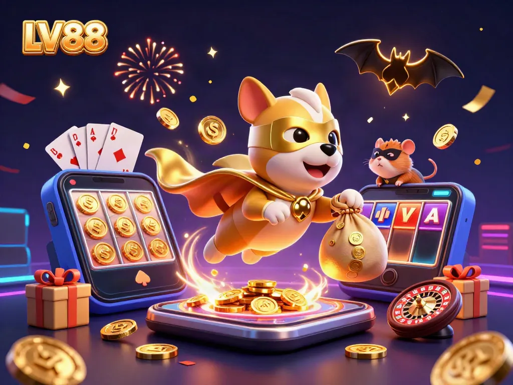 Experience LV88's vibrant casino atmosphere with a superhero dog and hamster amidst festive gambling elements.
