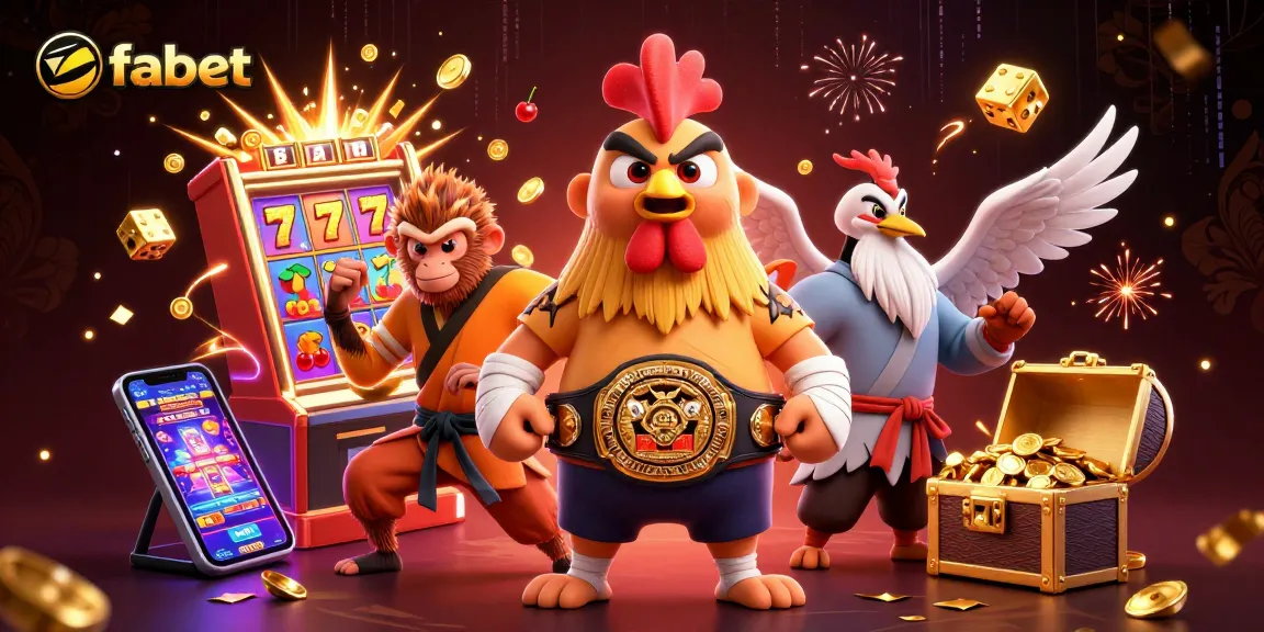 Experience fabet's vibrant gaming world with a cartoon Muay Thai rooster amid dynamic slot machine chaos.